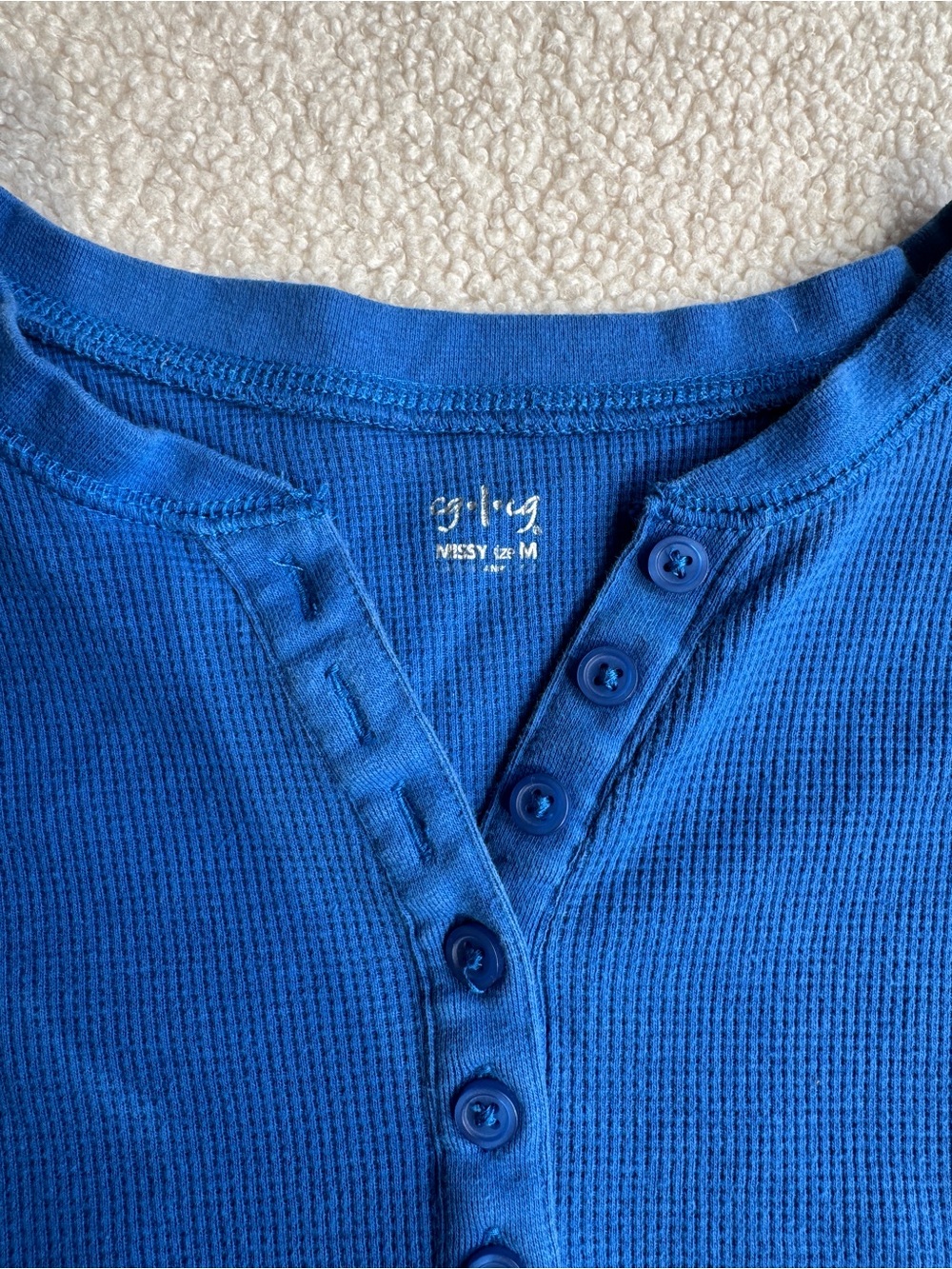 Blue Long-Sleeve Henley Waffle Top - Picture 2 of 5